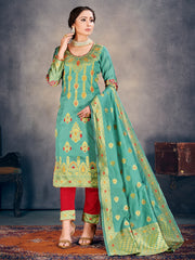 Trendy Suit Teal Color Banarasi Art Silk Woven Dress For Party