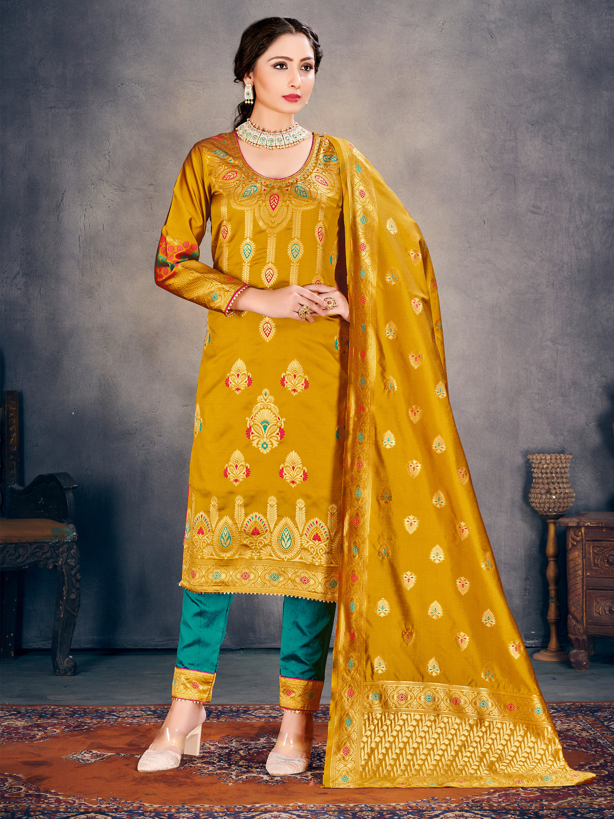 Trendy Suit Mustard Color Banarasi Art Silk Woven Dress For Party