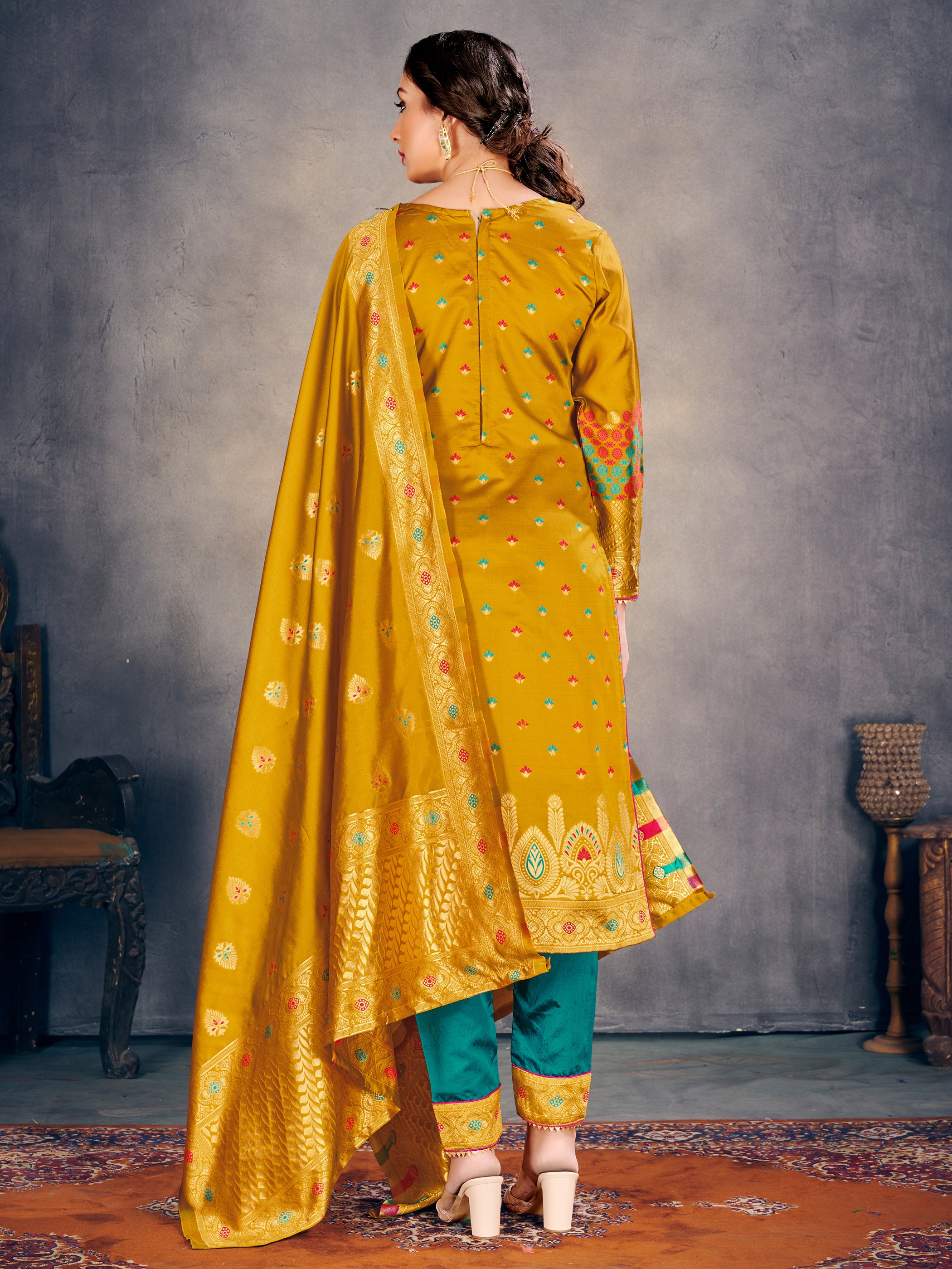 Trendy Suit Mustard Color Banarasi Art Silk Woven Dress For Party