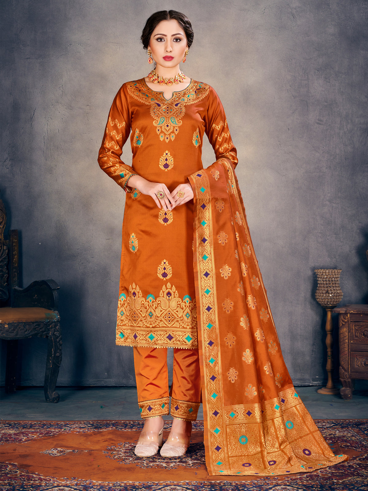 Trendy Suit Orange Color Banarasi Art Silk Woven Dress For Party