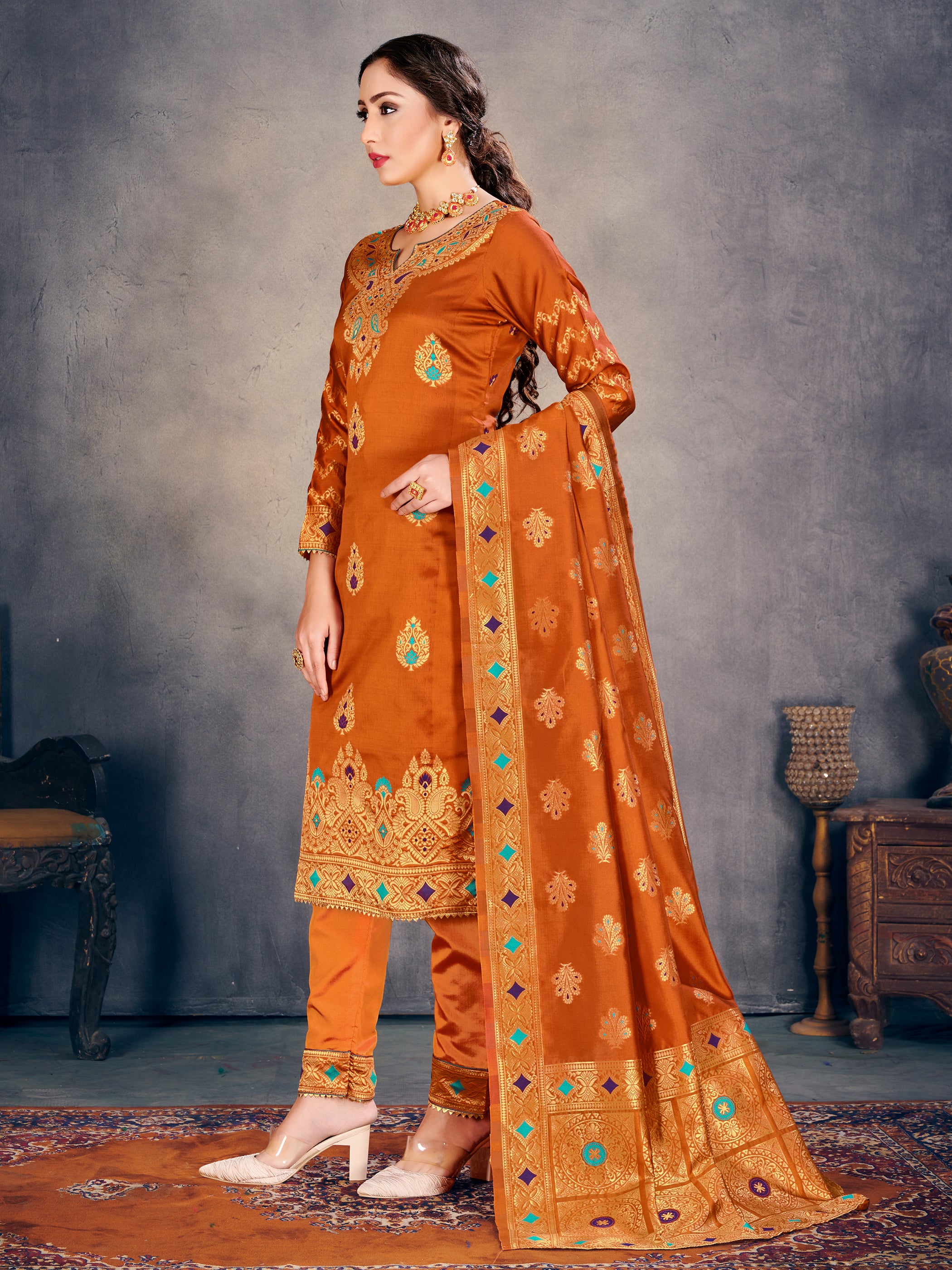 Trendy Suit Orange Color Banarasi Art Silk Woven Dress For Party