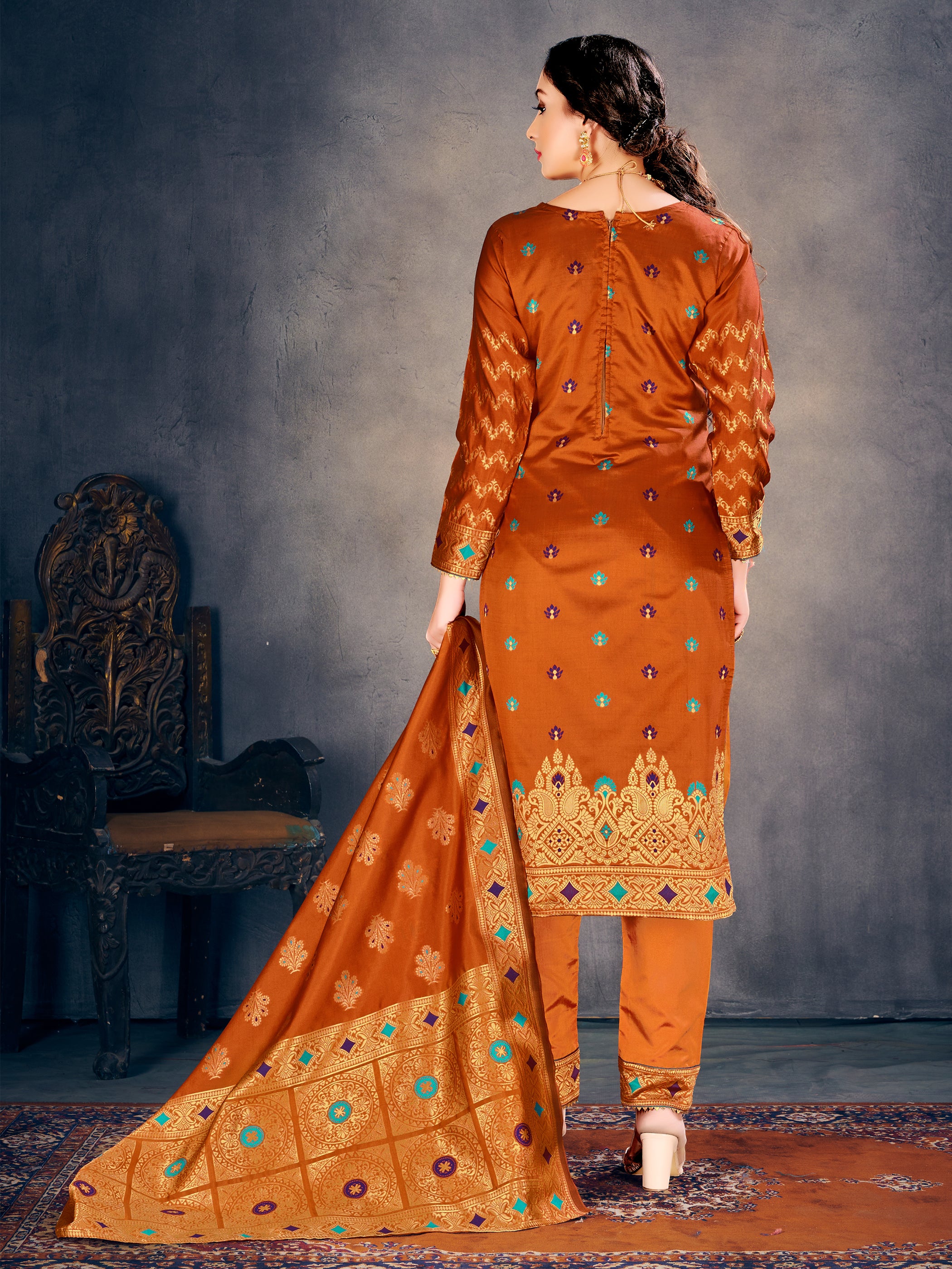 Trendy Suit Orange Color Banarasi Art Silk Woven Dress For Party