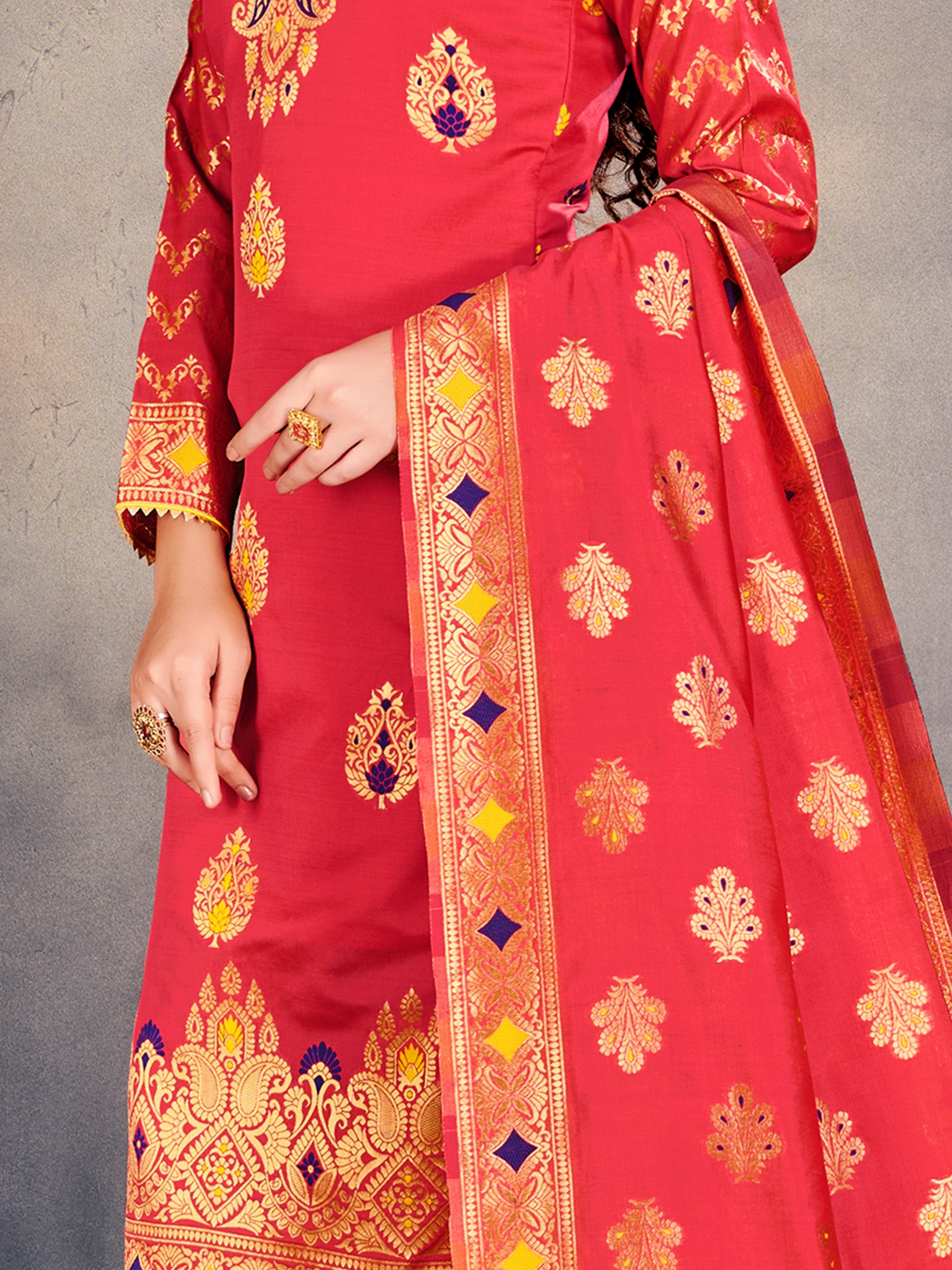 Trendy Suit Peach Color Banarasi Art Silk Woven Dress For Party