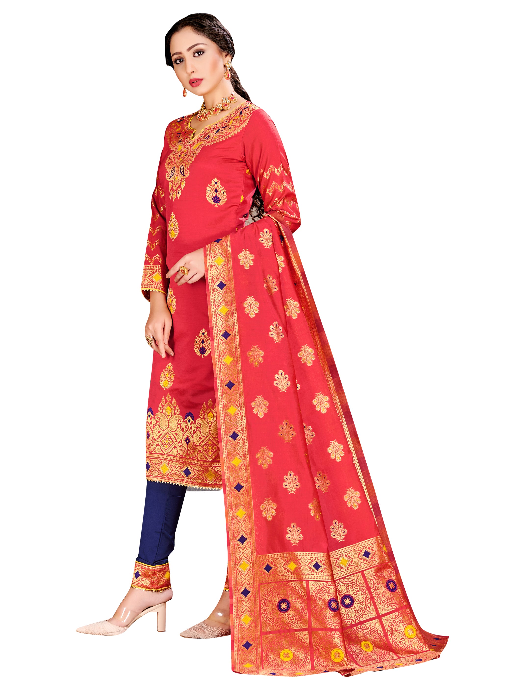 Trendy Suit Peach Color Banarasi Art Silk Woven Dress For Party