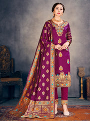 Readymade Suit Purple Color Banarasi Art Silk Woven Dress For Reception