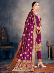 Readymade Suit Purple Color Banarasi Art Silk Woven Dress For Reception