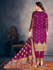 Readymade Suit Purple Color Banarasi Art Silk Woven Dress For Reception