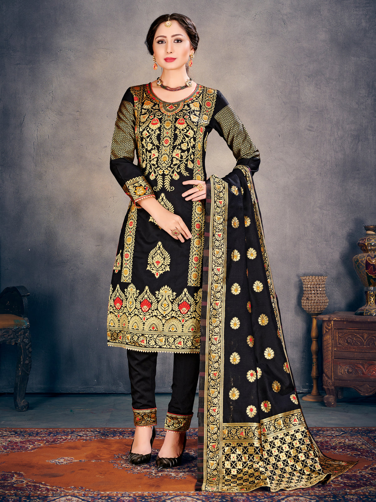 Readymade Suit Black Color Banarasi Art Silk Woven Dress For Reception