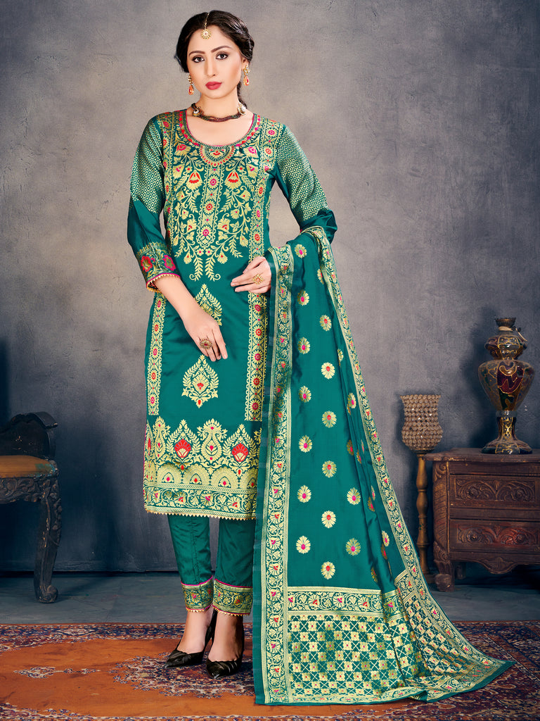 Readymade Suit Teal Color Banarasi Art Silk Woven Dress For Reception