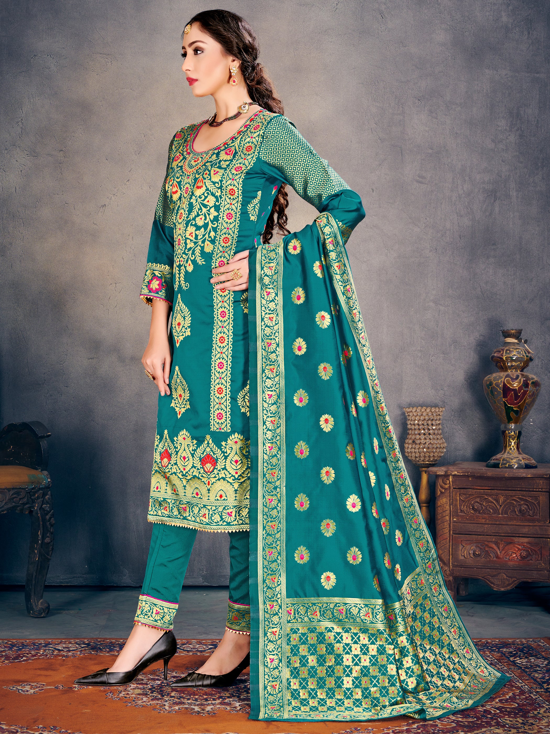 Readymade Suit Teal Color Banarasi Art Silk Woven Dress For Reception