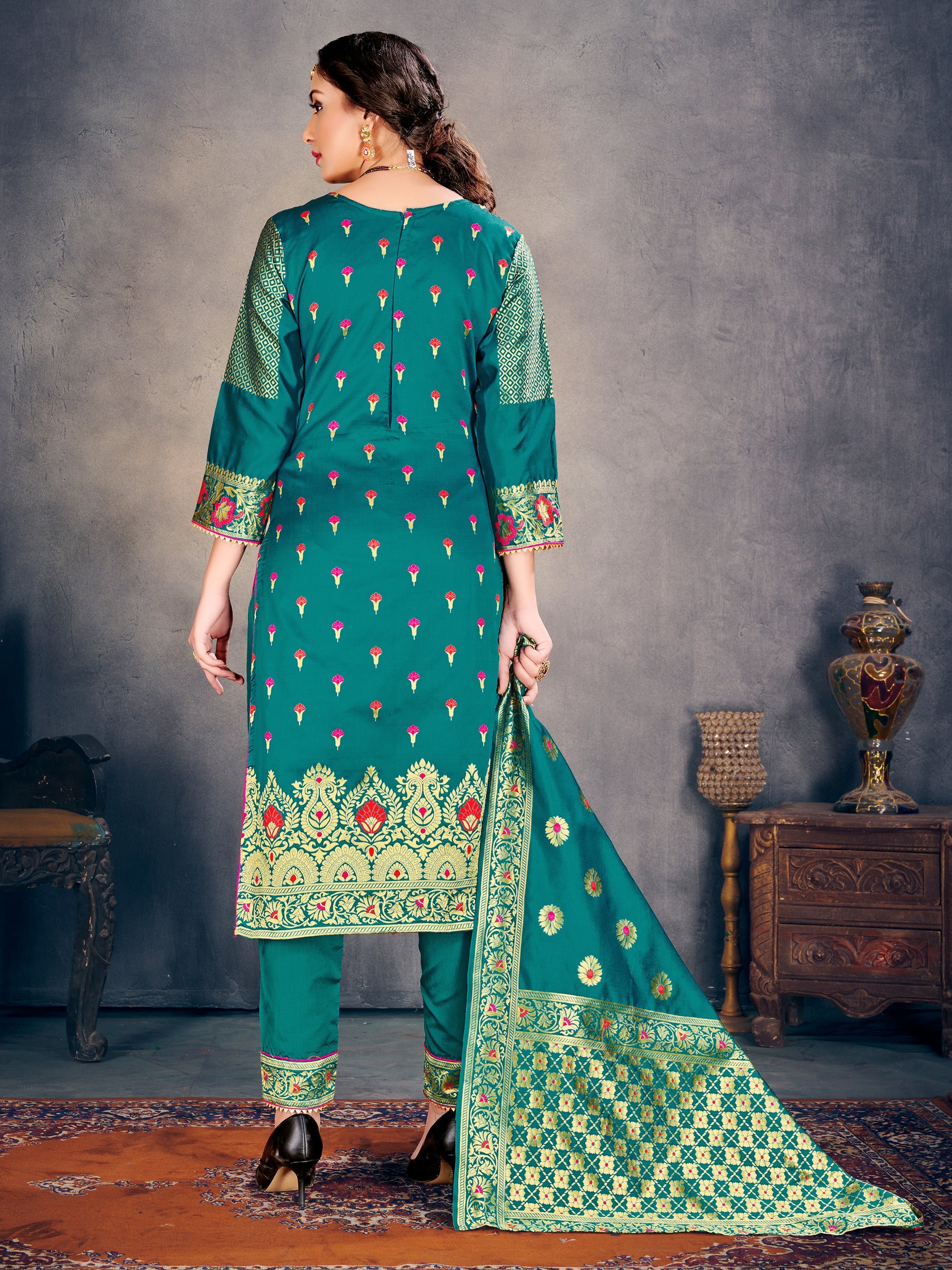 Readymade Suit Teal Color Banarasi Art Silk Woven Dress For Reception