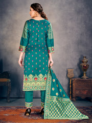 Readymade Suit Teal Color Banarasi Art Silk Woven Dress For Reception