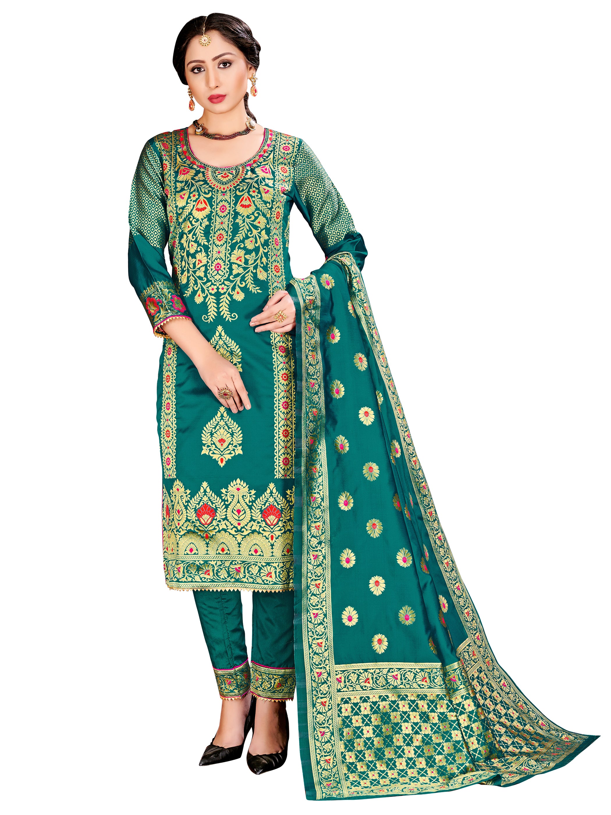 Readymade Suit Teal Color Banarasi Art Silk Woven Dress For Reception