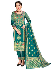 Readymade Suit Teal Color Banarasi Art Silk Woven Dress For Reception