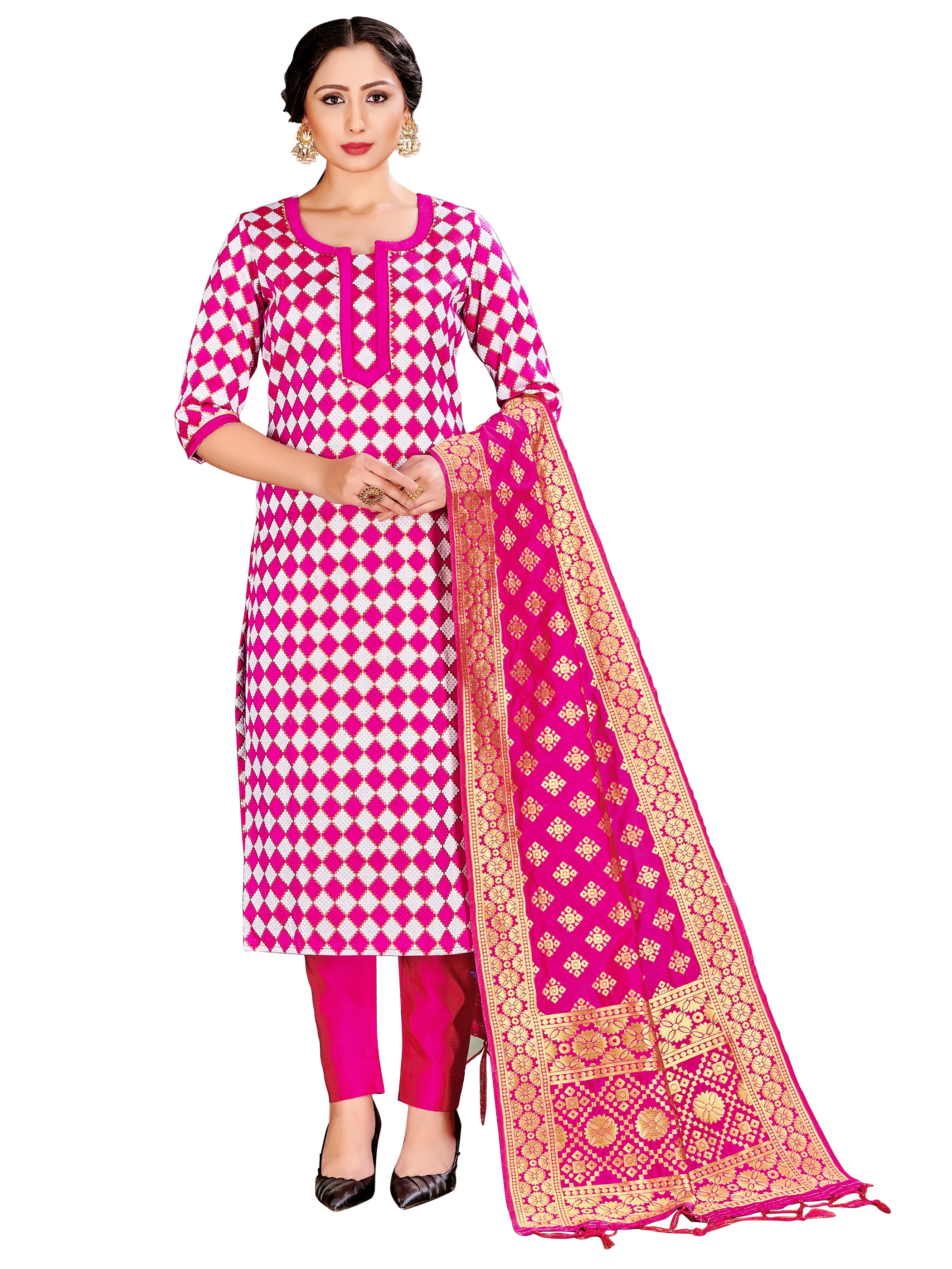 Readymade Suit Pink Color Banarasi Art Silk Woven Dress For Reception