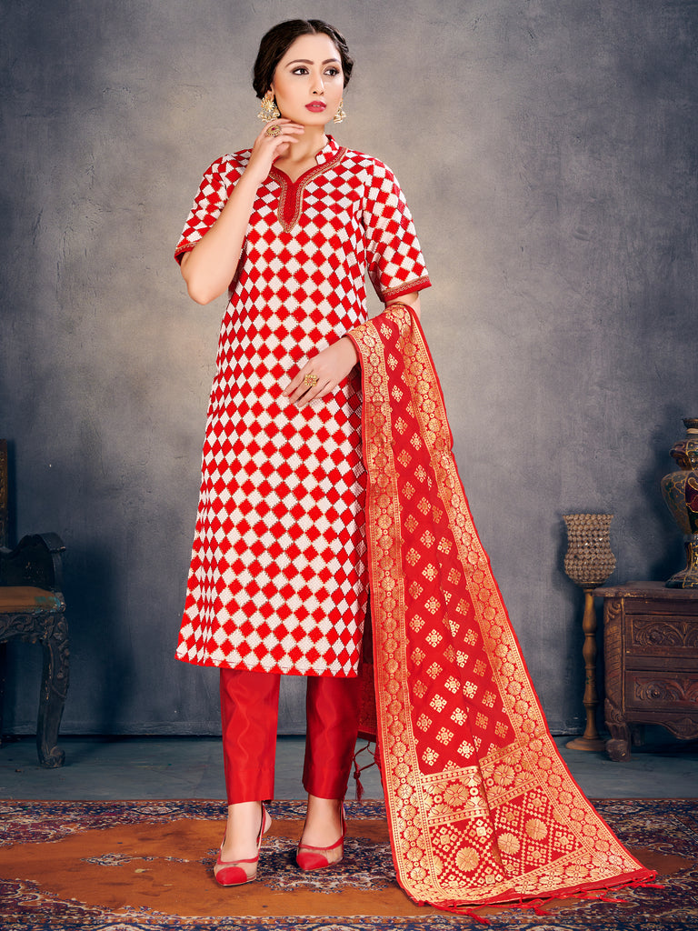 Readymade Suit Red Color Banarasi Art Silk Woven Dress For Reception