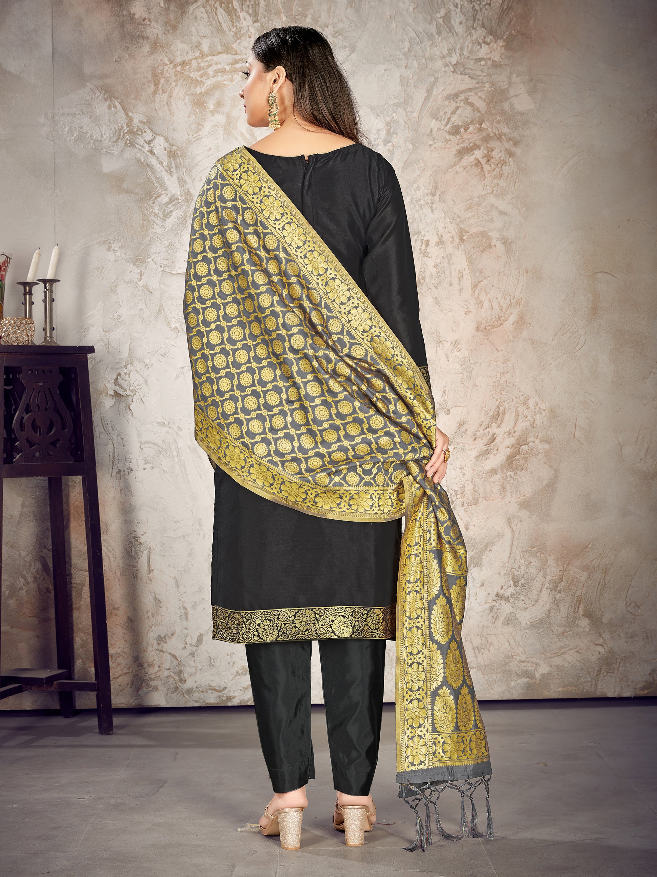 Readymade Suit Black Color Banarasi Art Silk Woven Dress For Reception