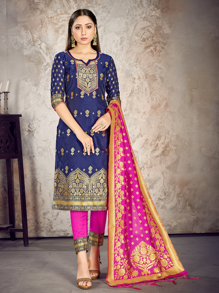 Readymade Suit Navy Blue Color Banarasi Art Silk Woven Dress For Reception