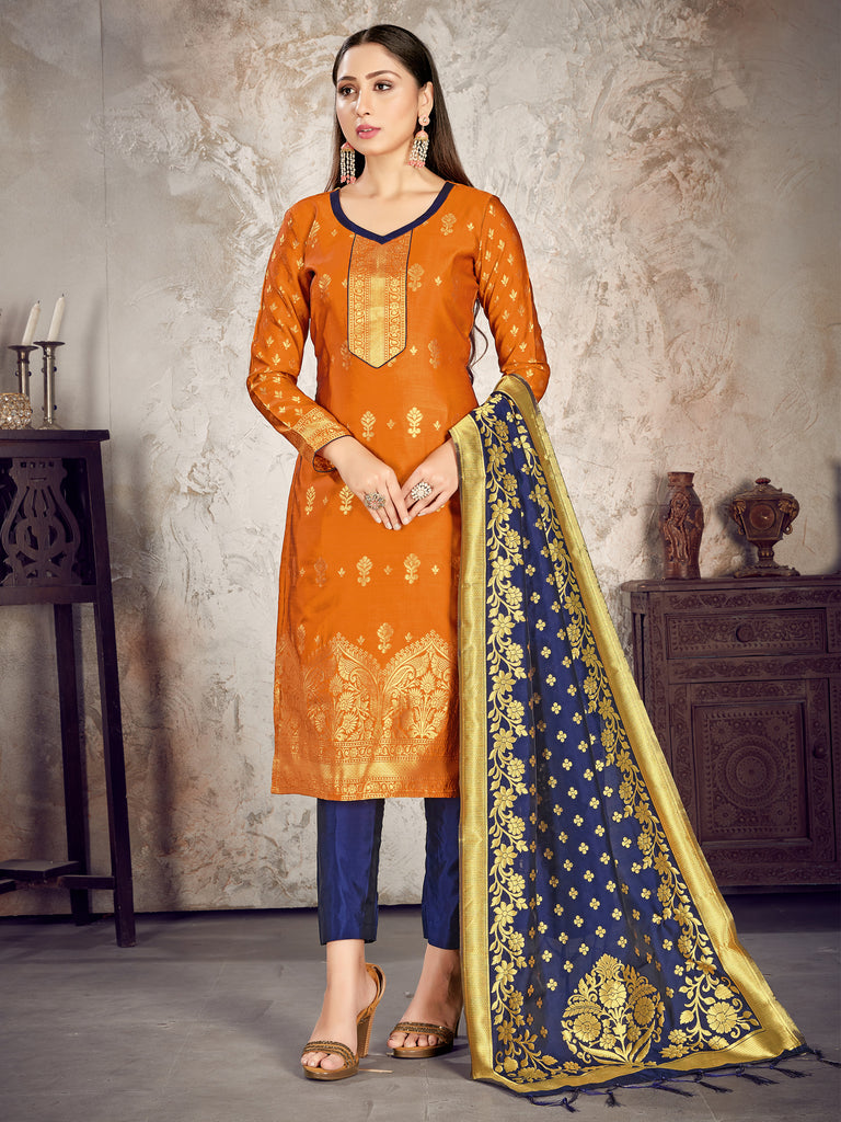 Readymade Suit Orange Color Banarasi Art Silk Woven Dress For Reception