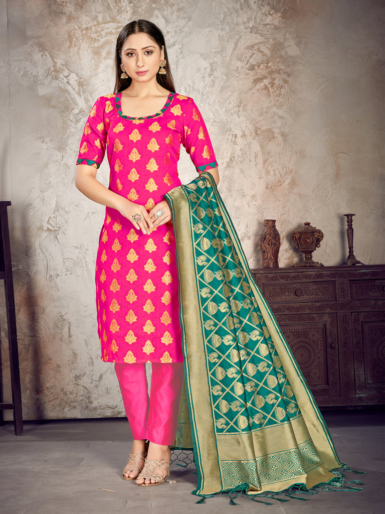 Readymade Suit Pink Color Banarasi Art Silk Woven Dress For Reception