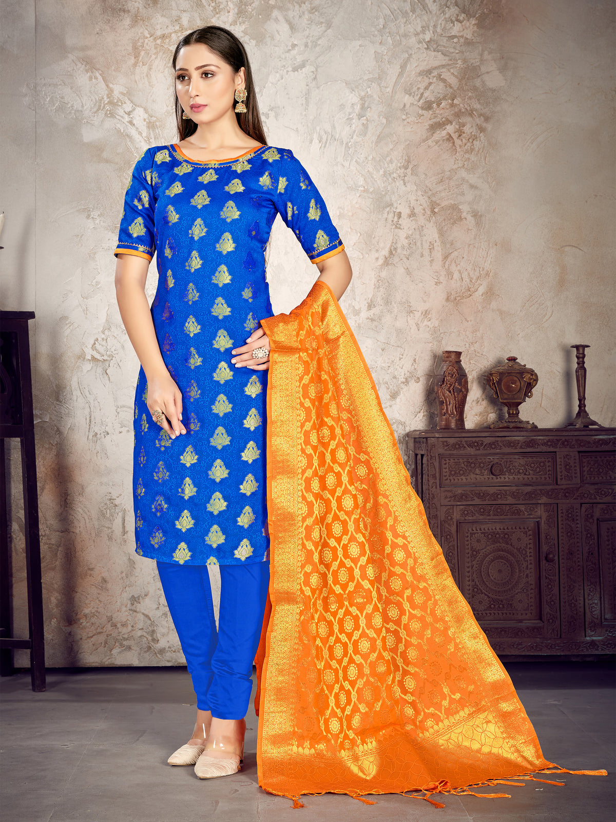 Readymade Suit Blue Color Banarasi Art Silk Woven Dress For Reception