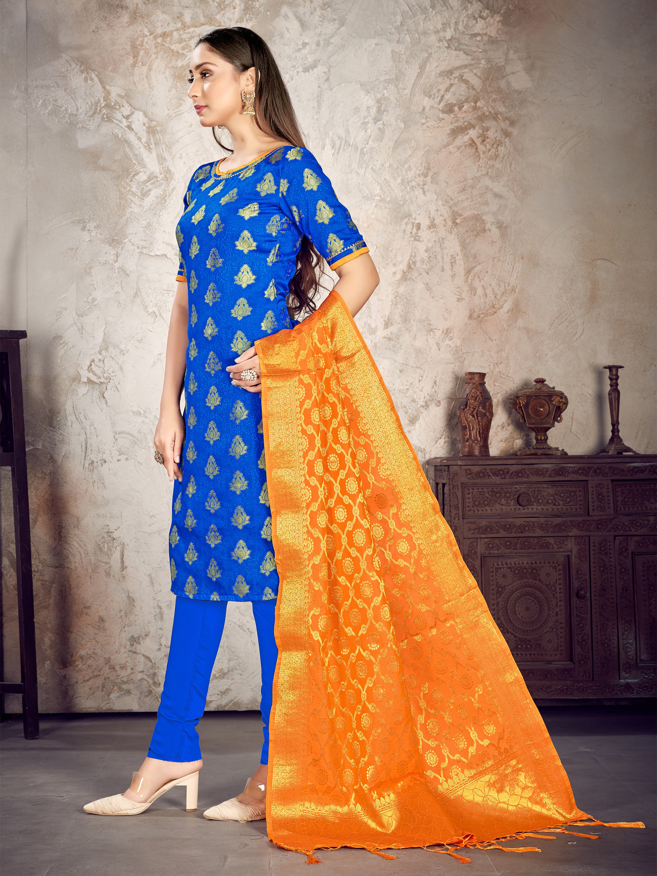 Readymade Suit Blue Color Banarasi Art Silk Woven Dress For Reception