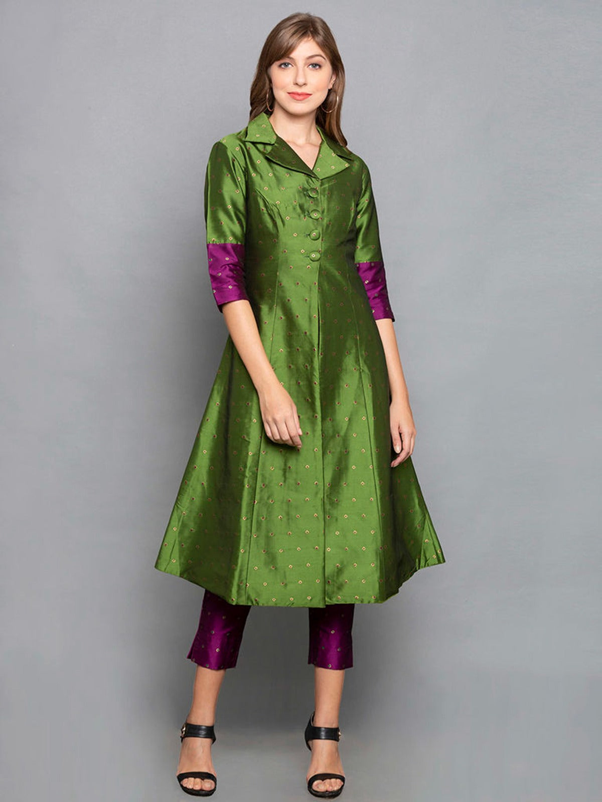 Green Color Woven Art Silk Kurti With Pant For Women