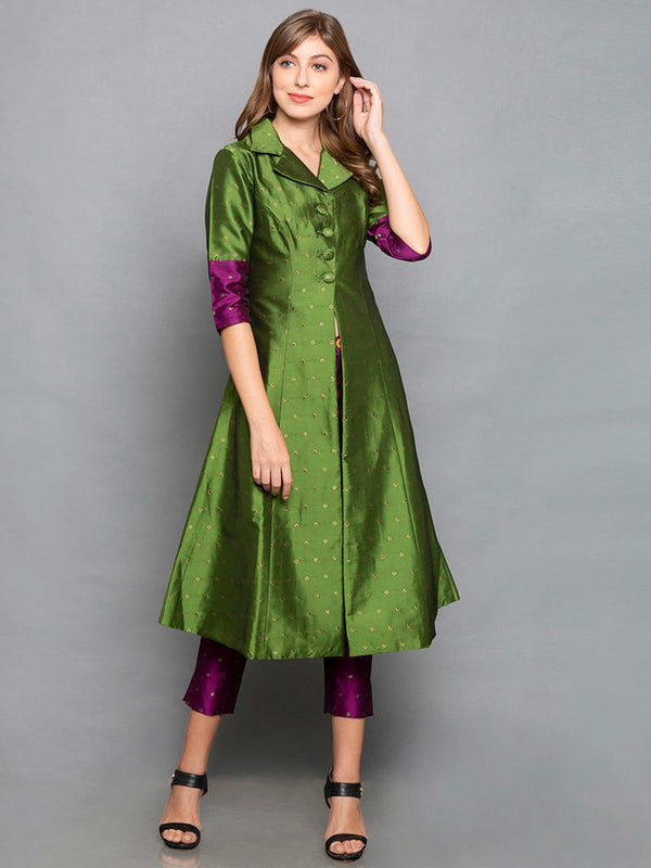 Green Color Woven Art Silk Kurti With Pant For Women