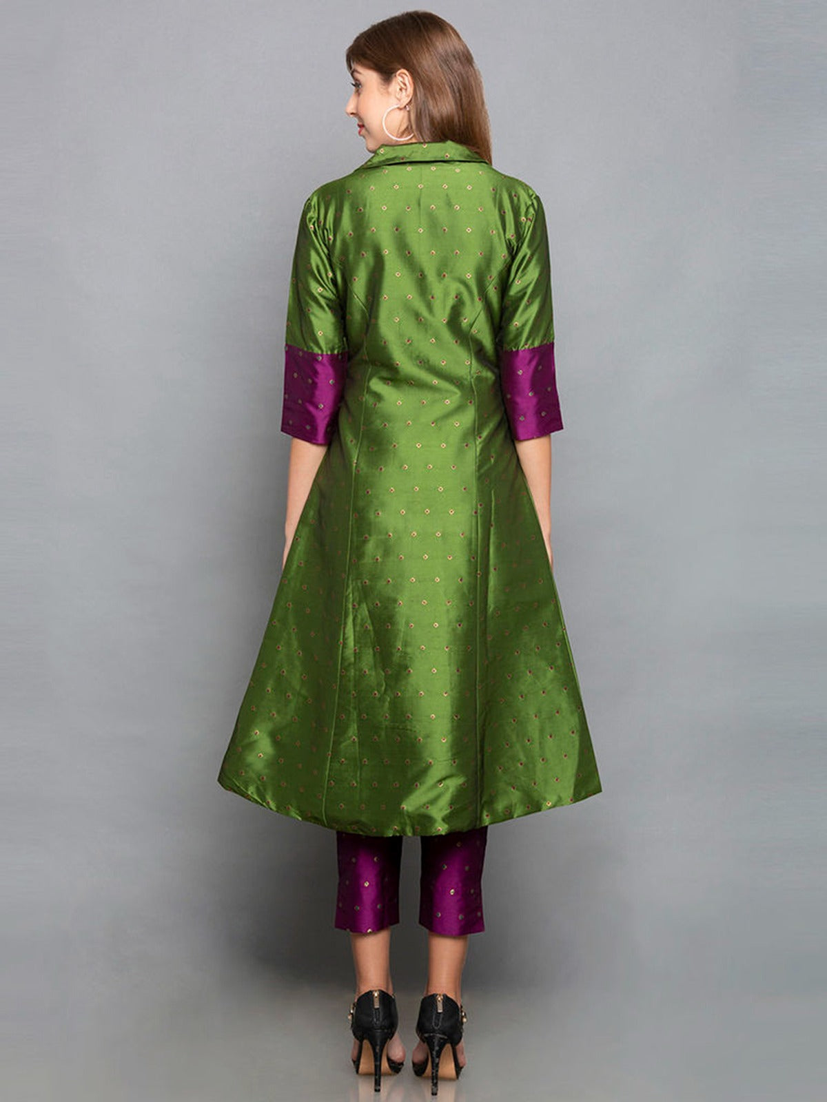 Green Color Woven Art Silk Kurti With Pant For Women