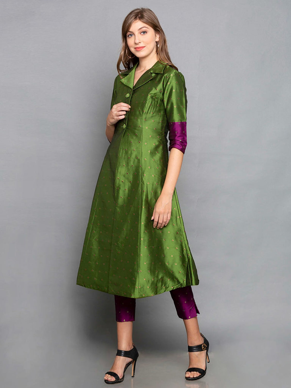 Green Color Woven Art Silk Kurti With Pant For Women