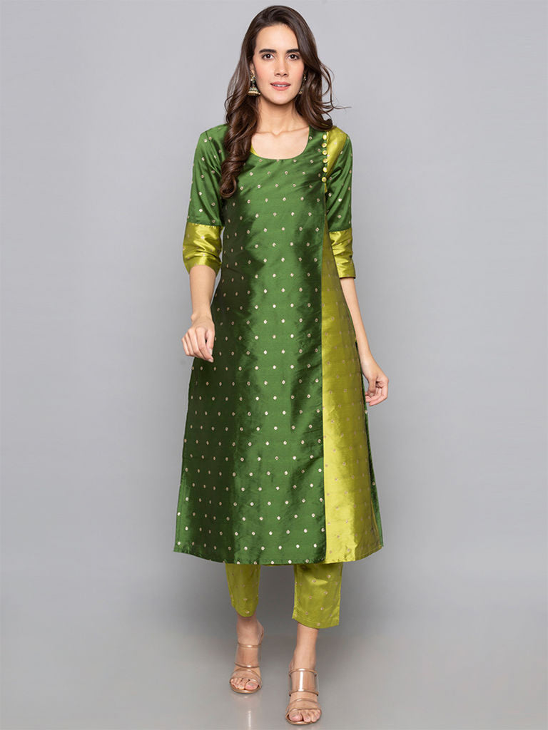 Designer Kurtis Green Color Art Silk Woven Dress For  Diwali