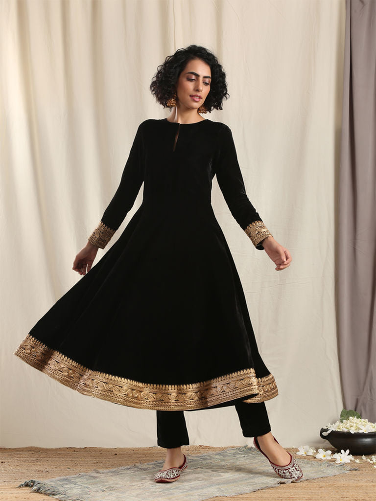 Designer Kurtis Black Color Velvet Embroidered Dress For  Diwali