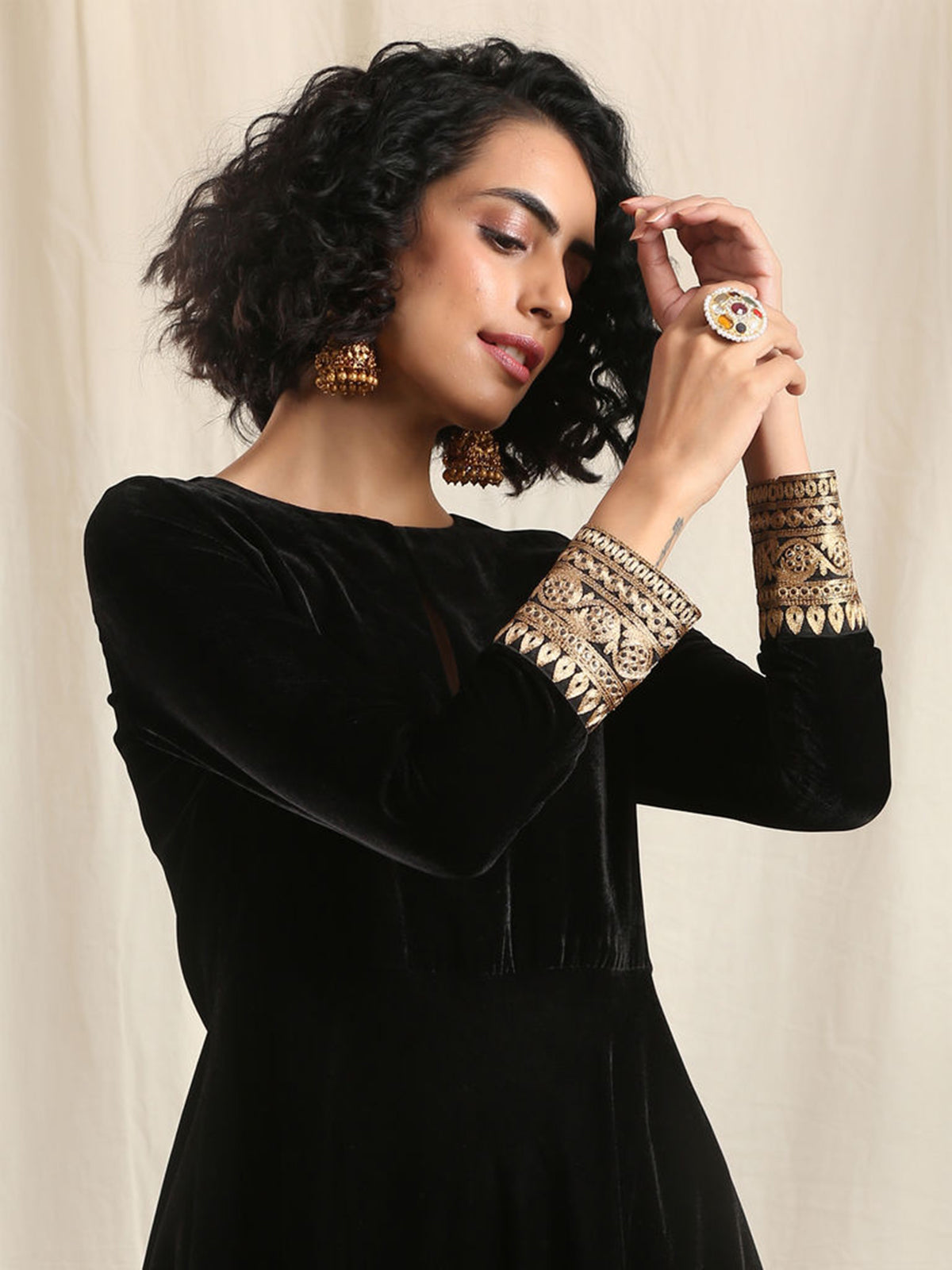 Designer Kurtis Black Color Velvet Embroidered Dress For  Diwali