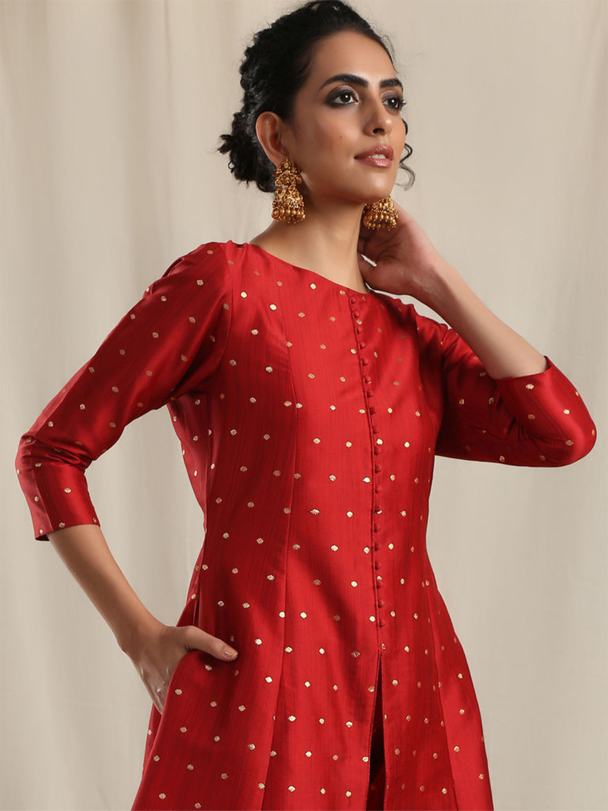 Designer Kurtis Red Color Art Silk Woven Dress For  Diwali