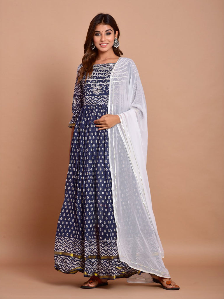 Kurta Set Navy Blue Color Rayon Printed Dress For  Pooja 