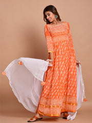 Kurta Set Orange Color Rayon Printed Dress For  Pooja 