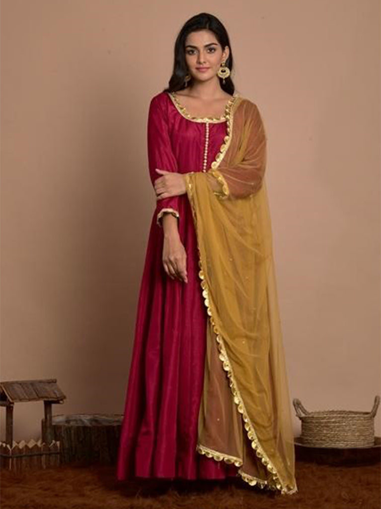 Maroon Color Embellished Art Silk Kurti With Pant And Dupatta For Engagement
