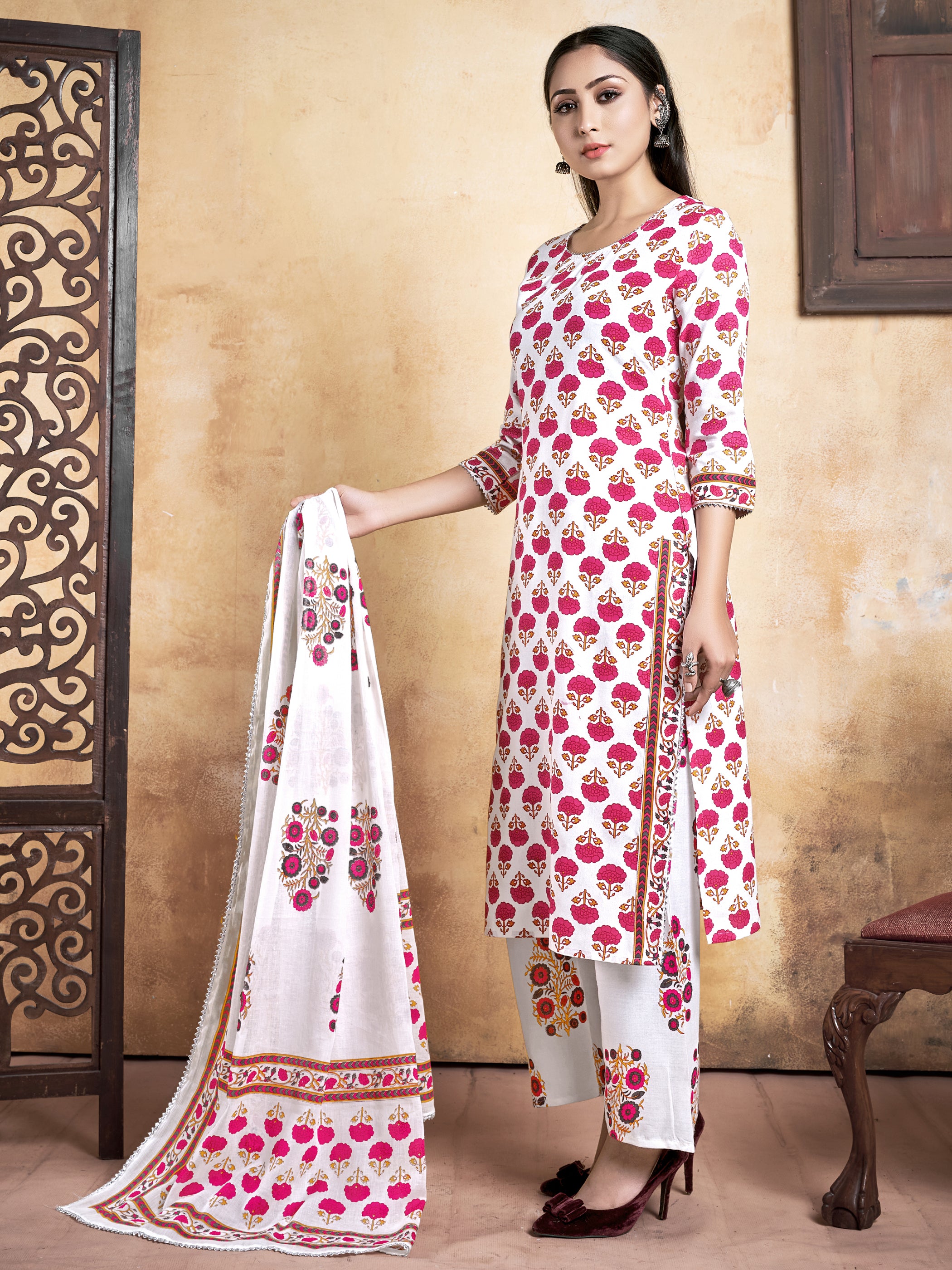 Kurta White Color Cotton Printed Dress For Ceremonial