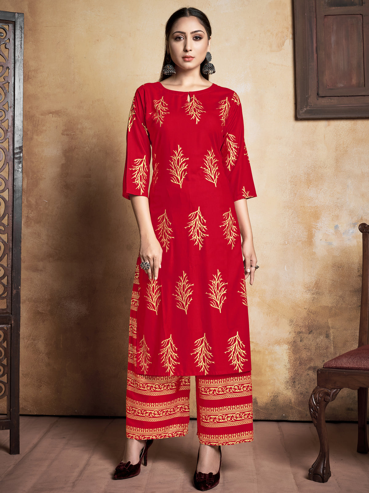 Kurta Red Color Rayon Foil Printed Dress For Ceremonial