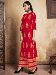 Kurta Red Color Rayon Foil Printed Dress For Ceremonial