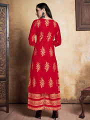 Kurta Red Color Rayon Foil Printed Dress For Ceremonial