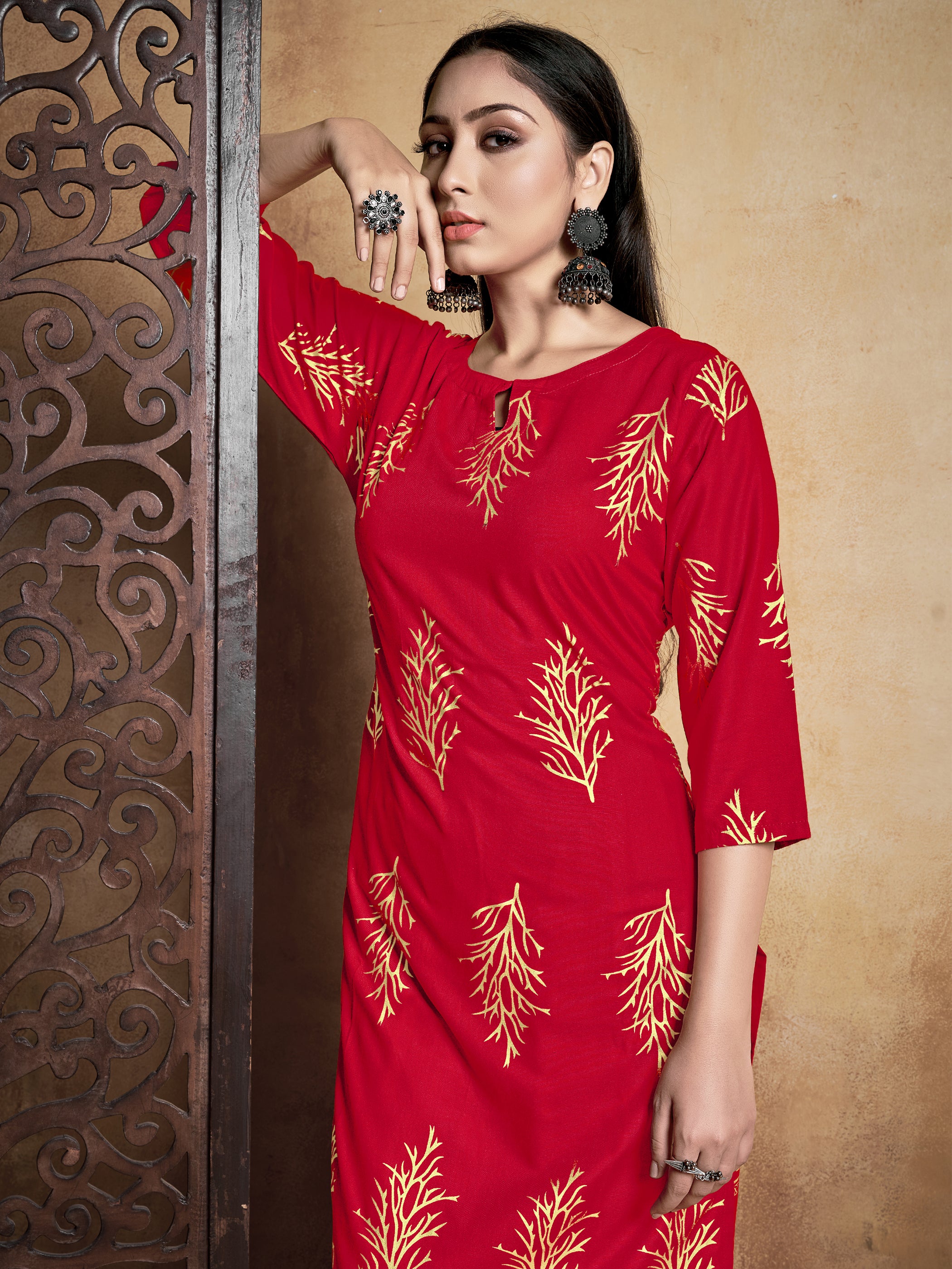 Kurta Red Color Rayon Foil Printed Dress For Ceremonial