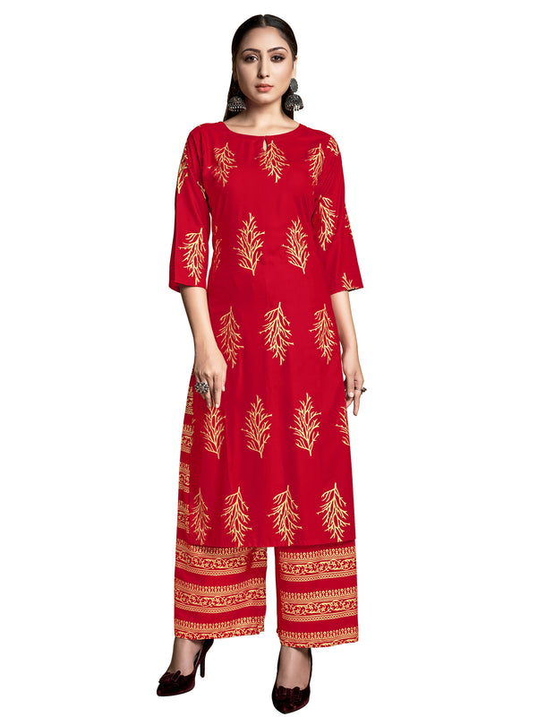 Kurta Red Color Rayon Foil Printed Dress For Ceremonial