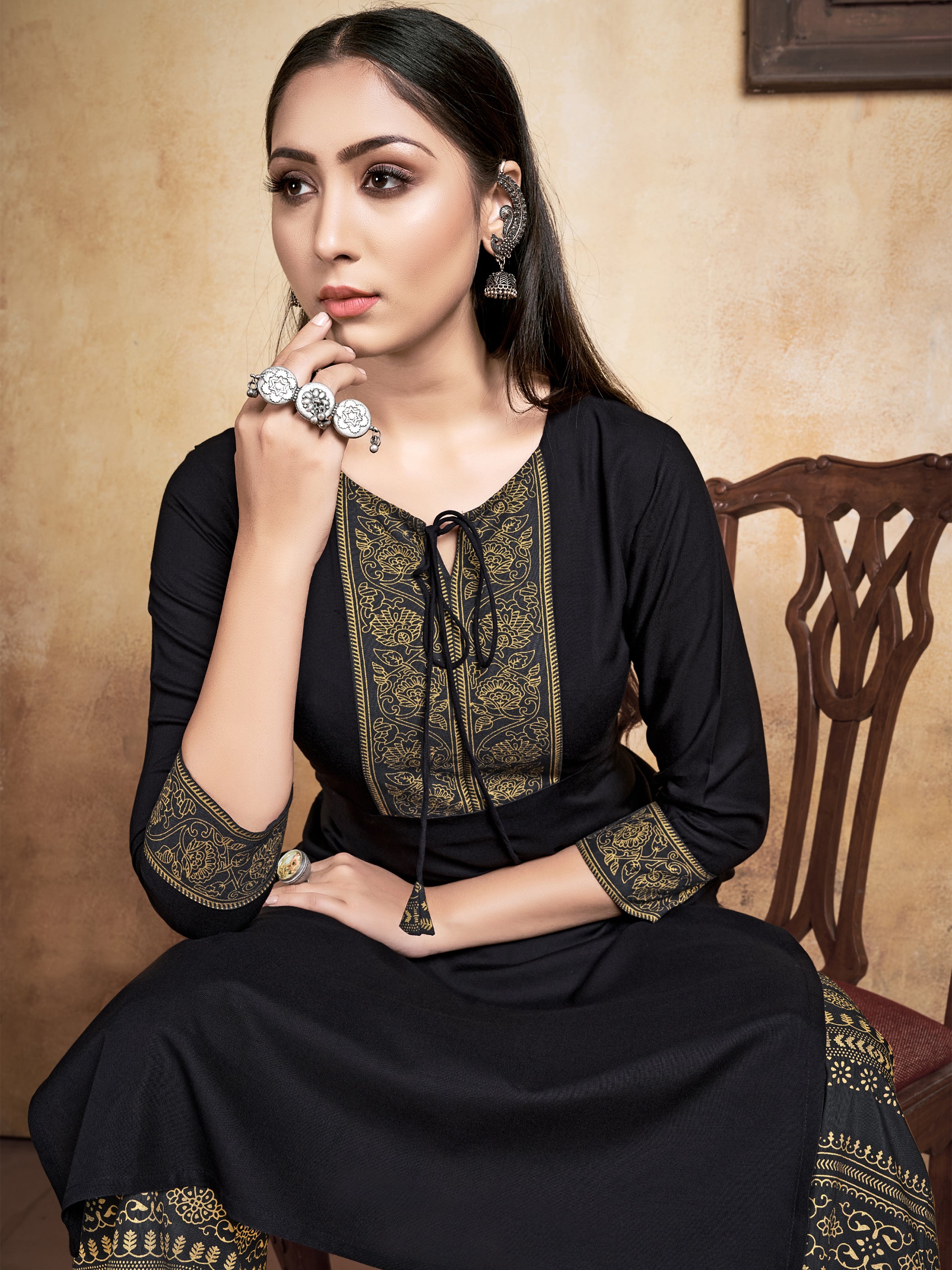 Kurta Black Color Rayon Foil Printed Dress For Ceremonial