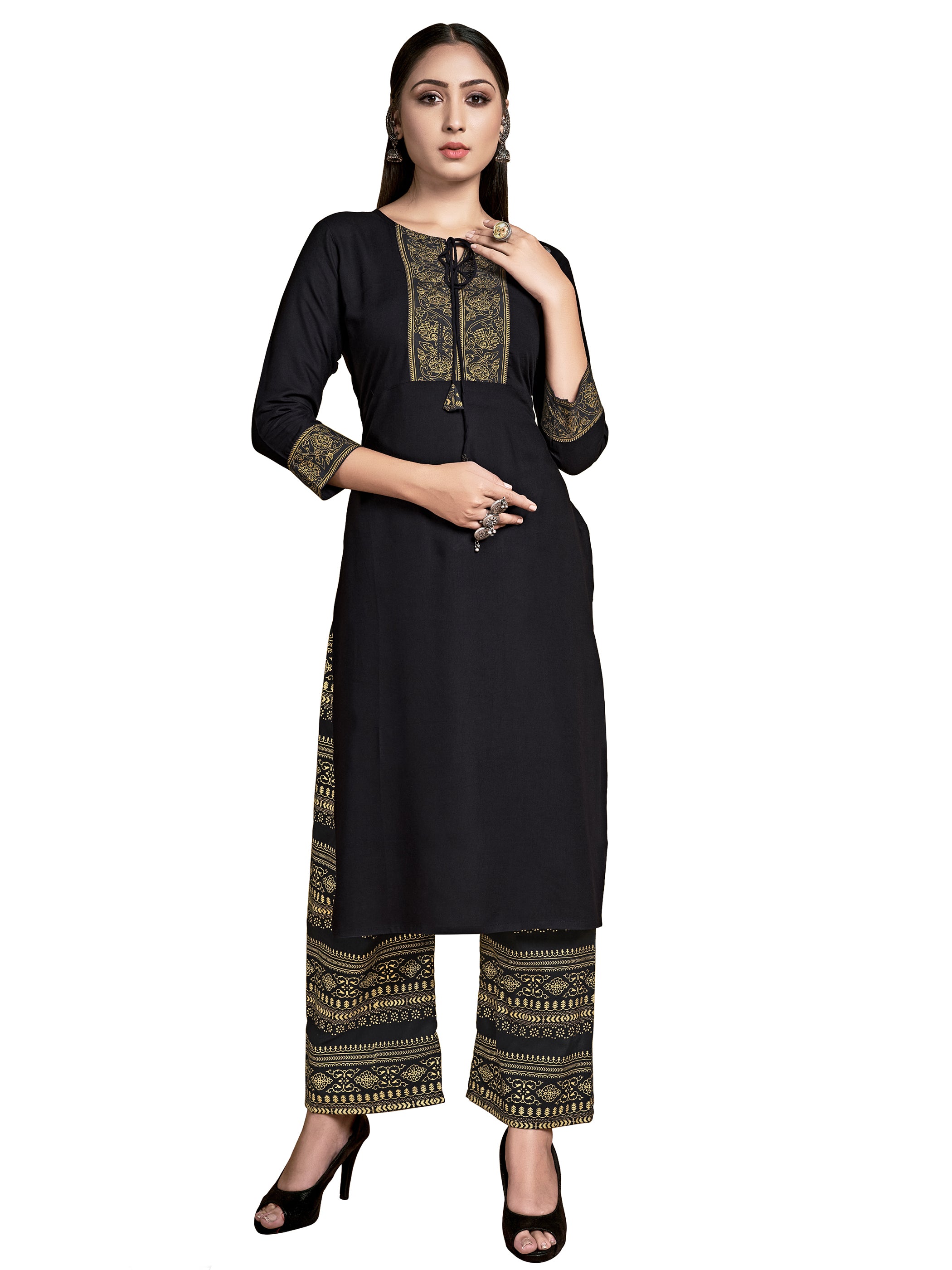 Kurta Black Color Rayon Foil Printed Dress For Ceremonial