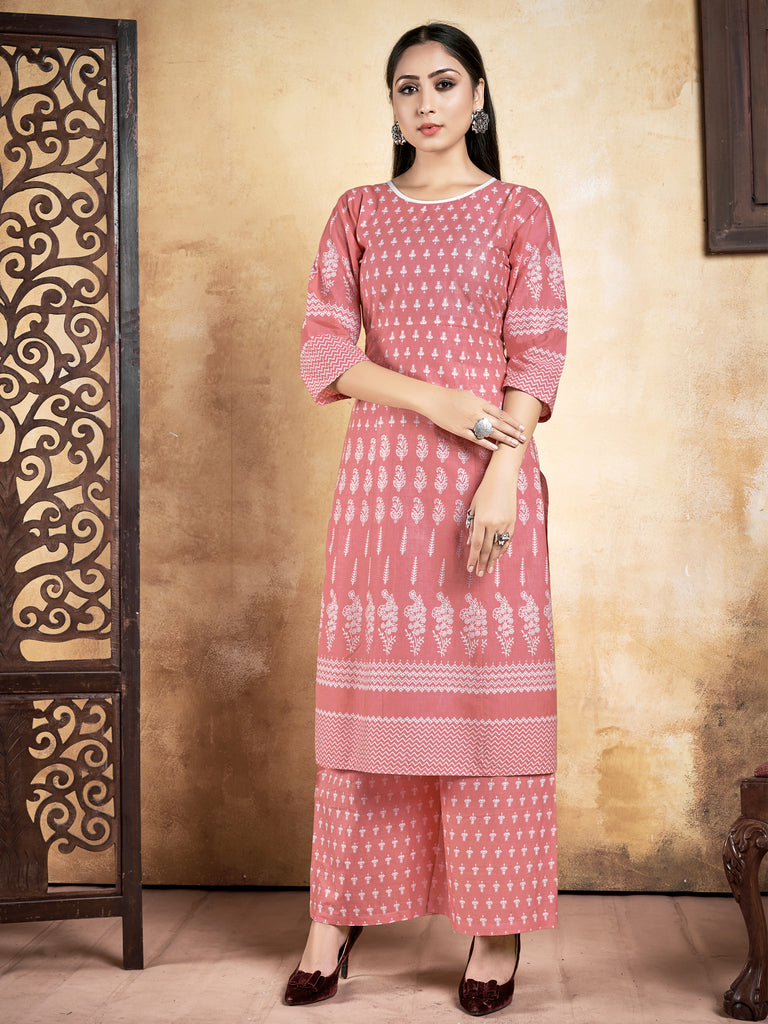 Peach Color Printed Rayon Kurti With Plazzo For Occasion