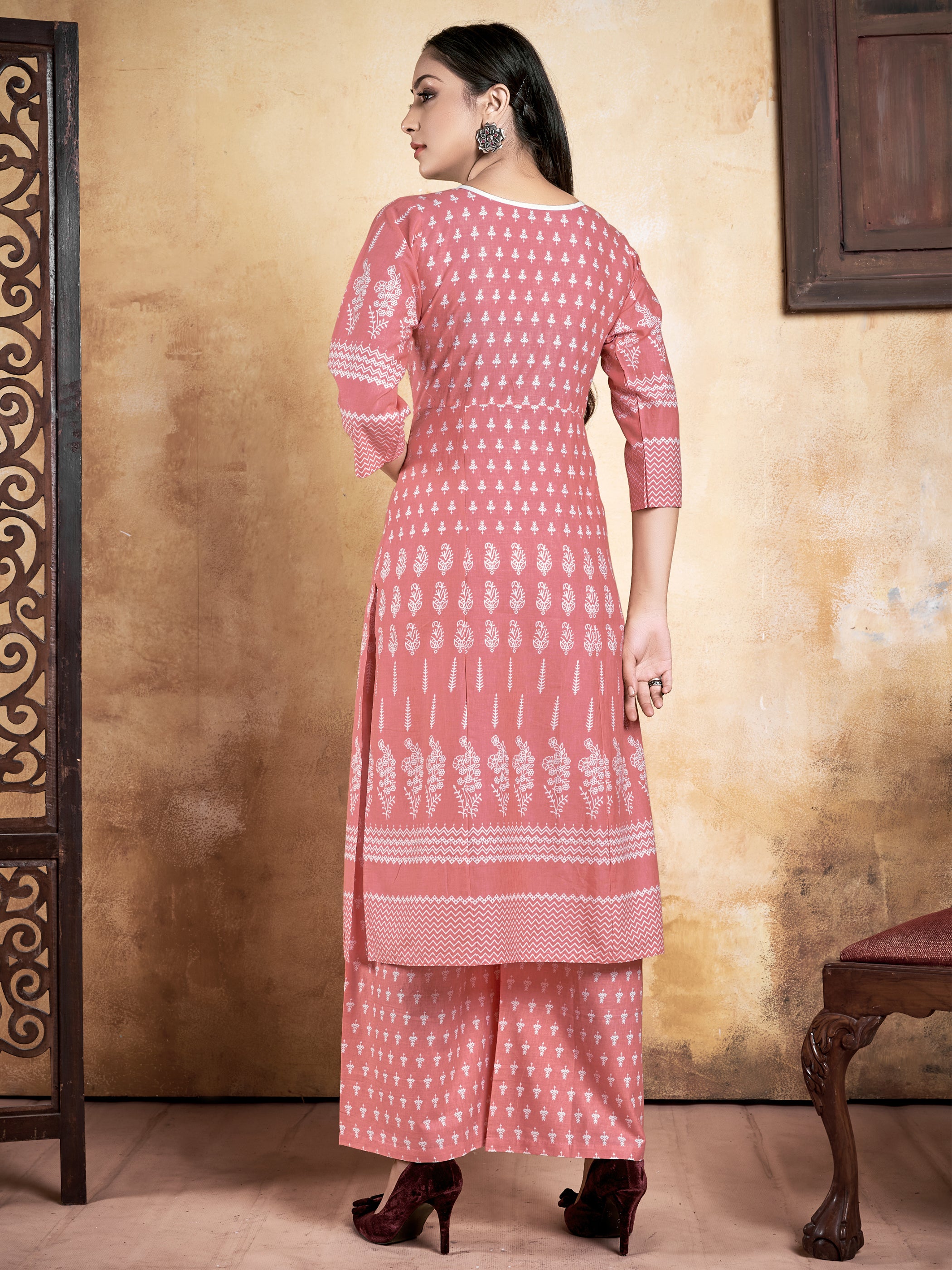 Peach Color Printed Rayon Kurti With Plazzo For Occasion