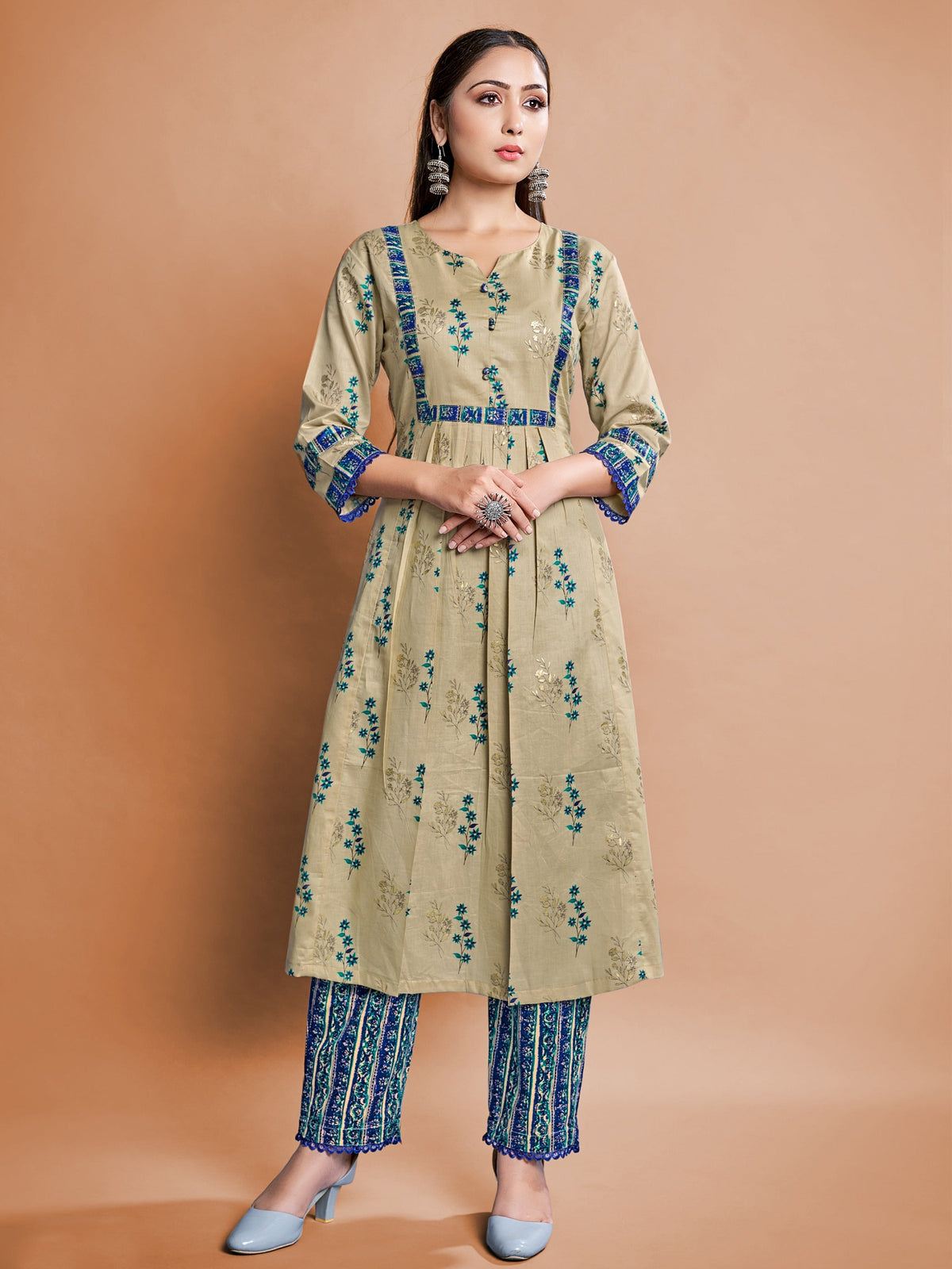 Beige Color Printed Cotton Kurti With Pant For Women