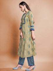 Beige Color Printed Cotton Kurti With Pant For Women