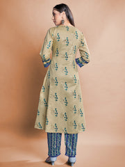 Beige Color Printed Cotton Kurti With Pant For Women